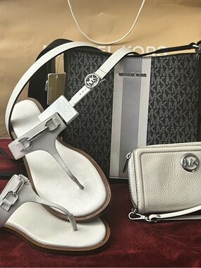 Michael Kors White Leather Sandals, Belt& Wallet Set